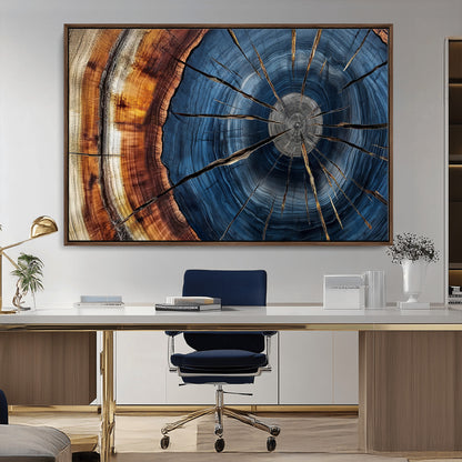 45268471-MGV-CV-36X24-Blue Tree Ring Wall Art – Rustic Wood Cross Section Canvas Print, Modern Abstract Nature Decor for Living Room, Office, or Cabin