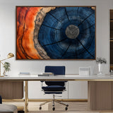 26110607-MGV-CV-36X24-Blue and Orange Tree Ring Wall Art – Abstract Wood Cross Section Canvas Print, Modern Rustic Nature Decor for Living Room, Office,