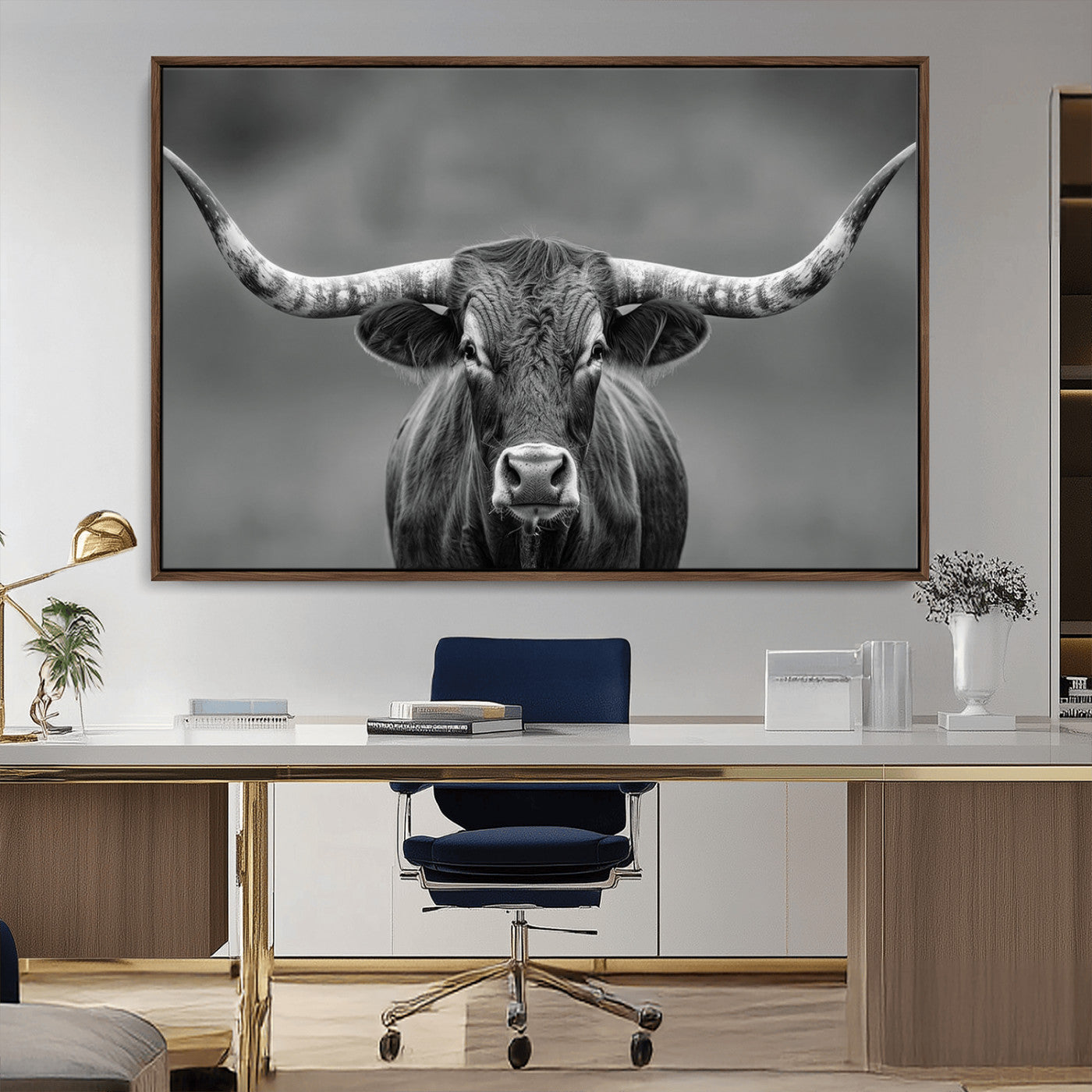 81228550-MGV-CV-36X24-Framed Texas Longhorn Bull Art Canvas Print, Western Bull Wall Art Print, Long Horn Bull Photo Print for Log Cabin, Large Bull