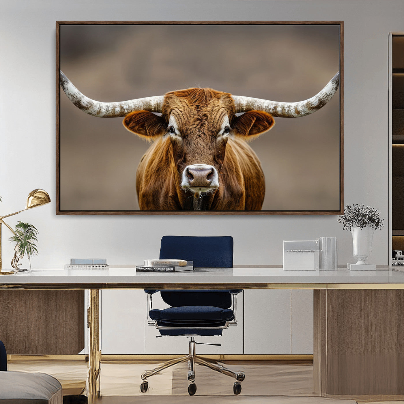 12179171-MGV-CV-36X24-Texas Longhorn Wall Art Canvas Print, Framed Brown Bull Art Picture Print, Lone Cattle Perfect Rustic Western Decor Artwork