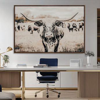 27497342-MGV-FC-36X24_Walnut-Texas Longhorn Wall Art Canvas Print, Framed Speckled Cow Art Picture Print, Horned Cattle Perfect Rustic Western Decor Artwork