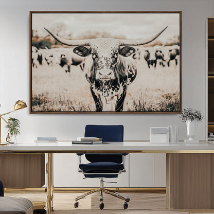 27497342-MGV-FC-36X24_Walnut-Texas Longhorn Wall Art Canvas Print, Framed Speckled Cow Art Picture Print, Horned Cattle Perfect Rustic Western Decor Artwork