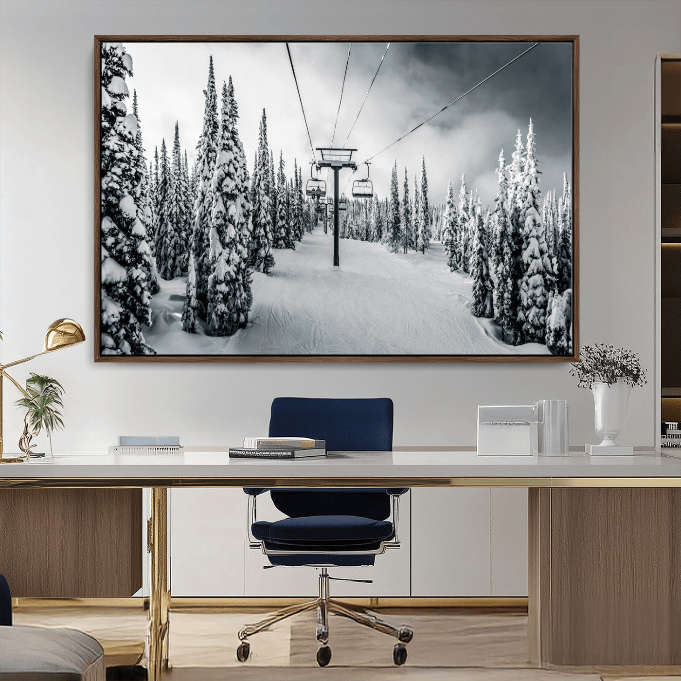 31156828-MGV-CV-36X24-Snowy Pines Wall Art Canvas Print, Framed Ski Lift Art Picture Print, Winter Forest Perfect Moody Lodge Decor Artwork