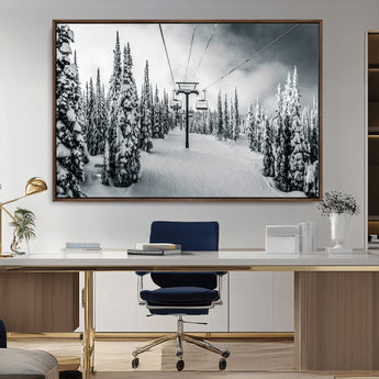 31156828-MGV-CV-36X24-Snowy Pines Wall Art Canvas Print, Framed Ski Lift Art Picture Print, Winter Forest Perfect Moody Lodge Decor Artwork
