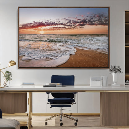 39846389-MGV-CV-36X24-Ocean Sunset Wall Art Canvas Print, Framed Sandy Shore Art Picture Print, Gentle Waves Perfect Minimalist Coastal Decor Artwork