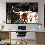 54027638-MGV-CV-36X24-Texas Longhorn Wall Art Canvas Print, Framed Spotted Cow Art Picture Print, Horned Bull Perfect Rustic Western Decor Artwork