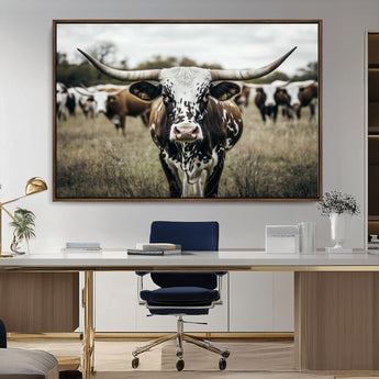 79025945-MGV-CV-36X24-Texas Longhorn Wall Art Canvas Print, Framed Speckled Cow Art Picture Print, Horned Cattle Perfect Rustic Western Decor Artwork