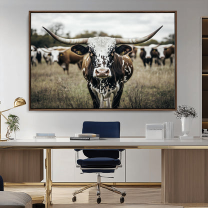 79025945-MGV-CV-36X24-Texas Longhorn Wall Art Canvas Print, Framed Speckled Cow Art Picture Print, Horned Cattle Perfect Rustic Western Decor Artwork