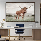 28309012-MGV-CV-36X24-Texas Longhorn Wall Art Canvas Print, Framed Spotted Cattle Art Picture Print, Horned Bull Perfect Rustic Western Decor Artwork