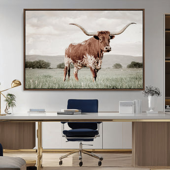 28309012-MGV-CV-36X24-Texas Longhorn Wall Art Canvas Print, Framed Spotted Cattle Art Picture Print, Horned Bull Perfect Rustic Western Decor Artwork
