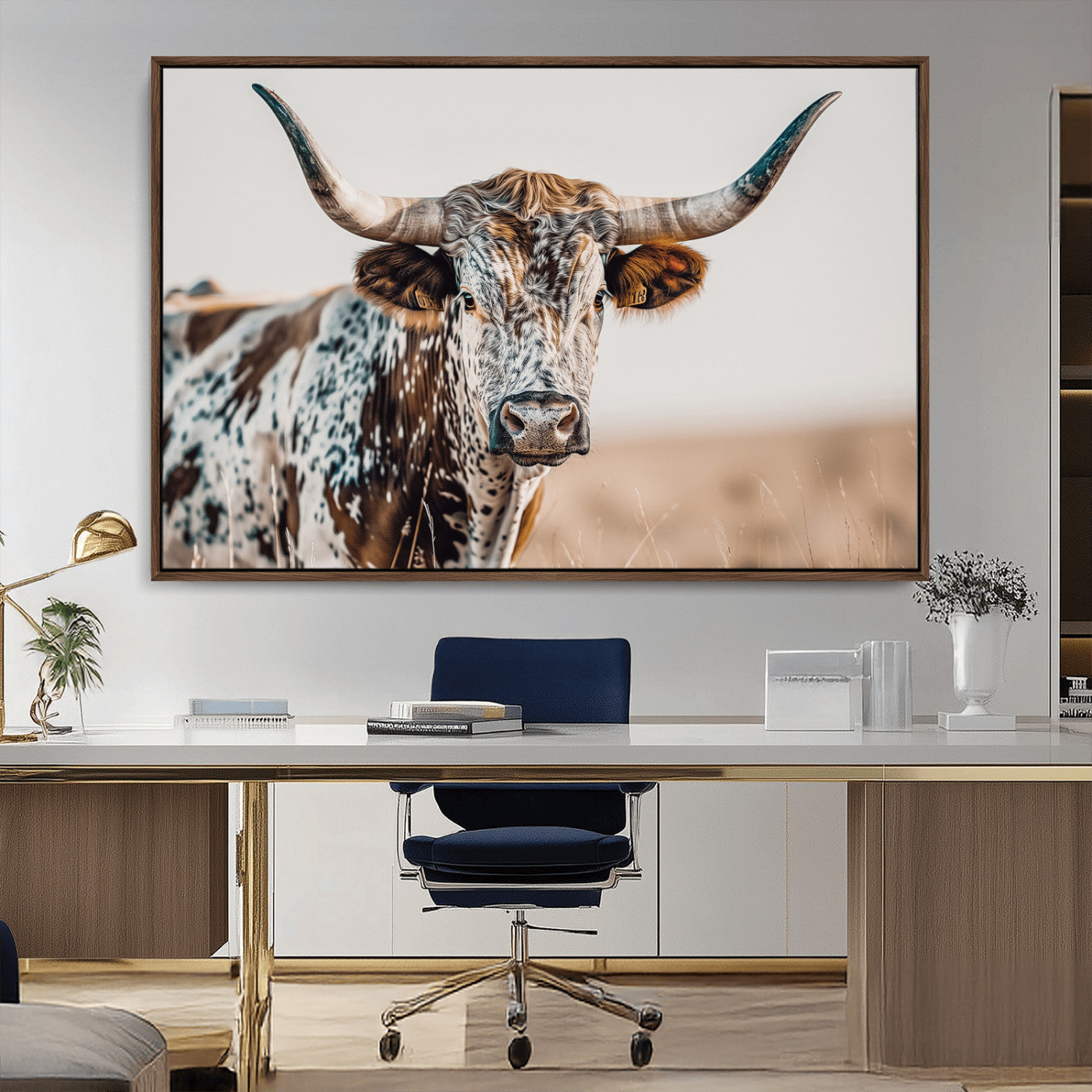 70414966-MGV-CV-36X24-Texas Longhorn Wall Art Canvas Print, Framed Speckled Cow Art Picture Print, Horned Bull Perfect Rustic Western Decor Artwork