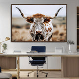 76294381-MGV-CV-36X24-Texas Longhorn Wall Art Canvas Print, Framed Spotted Cow Art Picture Print, Horned Cattle Perfect Rustic Western Decor Artwork