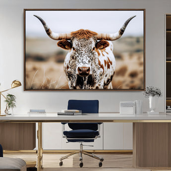 76294381-MGV-CV-36X24-Texas Longhorn Wall Art Canvas Print, Framed Spotted Cow Art Picture Print, Horned Cattle Perfect Rustic Western Decor Artwork