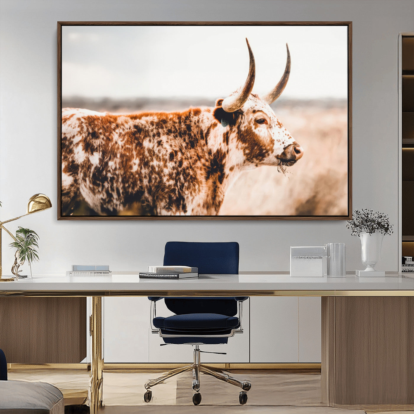 11528295-MGV-CV-36X24-Speckled Longhorn Wall Art Canvas Print, Framed Texas Cattle Art Picture Print, Horned Cow Perfect Rustic Western Decor Artwork