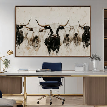 12027562-MGV-FC-36X24_Walnut-Longhorn Cattle Wall Art Canvas Print, Framed Bison Herd Art Picture Print, Cattle Group Perfect Rustic Farmhouse Decor Artwork