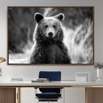 MGV-FC-36X24 - Grizzly Bear Wall Art Canvas Print, Framed Black White Bear Art Picture Print, Wild Bear Perfect Rustic Wildlife Decor Artwork