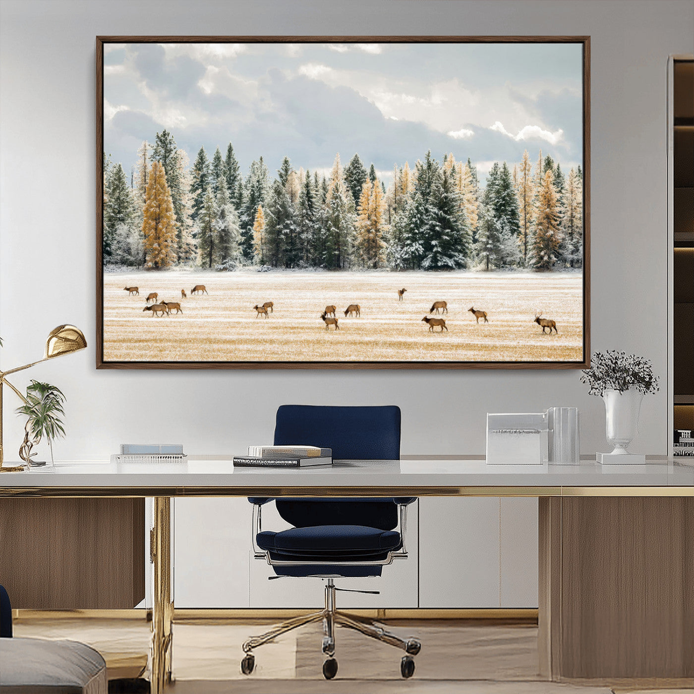 64188182-MGV-CV-36X24-Elk Herd Wall Art Canvas Print, Framed Snowy Forest Art Picture Print, Forest Elks Perfect Neutral Rustic Decor Artwork