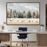 64188182-MGV-CV-36X24-Elk Herd Wall Art Canvas Print, Framed Snowy Forest Art Picture Print, Forest Elks Perfect Neutral Rustic Decor Artwork