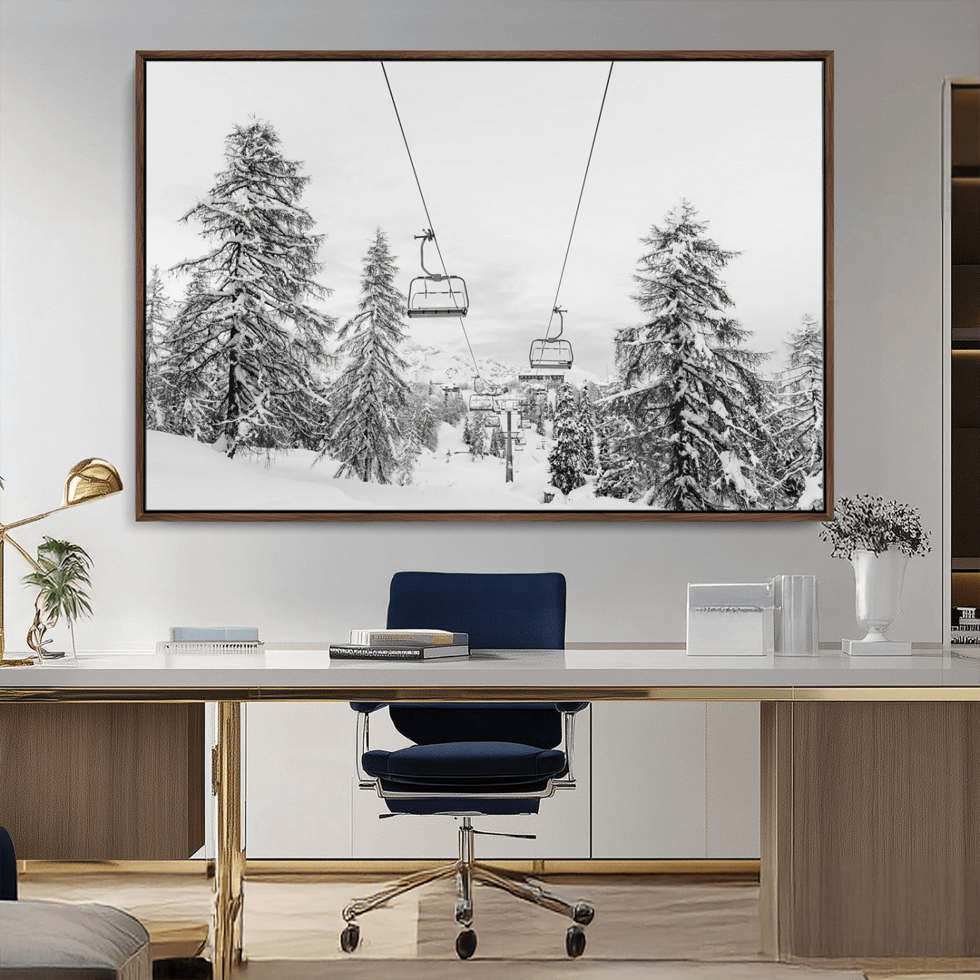 55003599-MGV-CV-36X24-Snowy Ski Lift Wall Art Canvas Print, Framed Winter Forest Art Picture Print, Ski lift Ride Perfect Winter Lodge Decor Artwork
