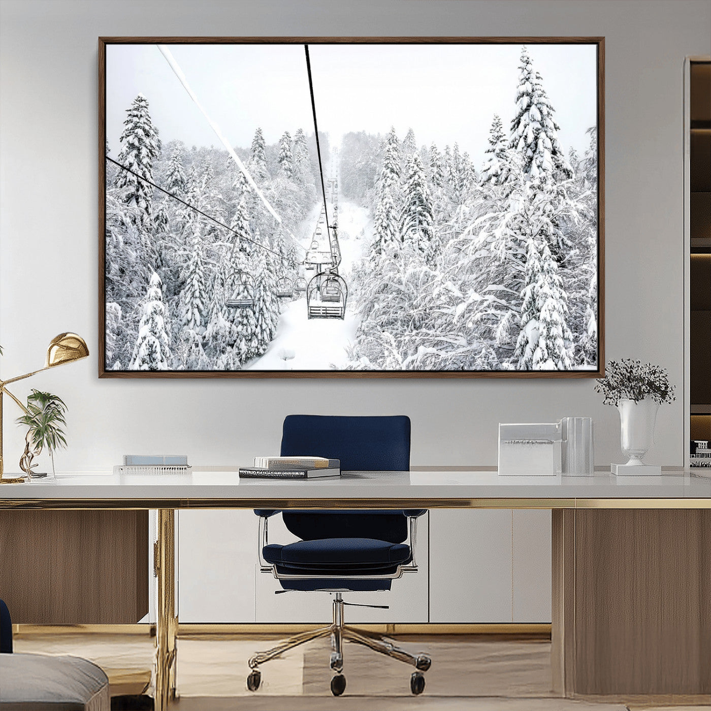 60296839-MGV-CV-36X24-Snowy Mountains Wall Art Canvas Print, Framed Ski Lift Art Picture Print, Winter Forest Perfect Winter Minimalist Decor Artwork