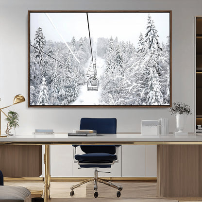 60296839-MGV-CV-36X24-Snowy Mountains Wall Art Canvas Print, Framed Ski Lift Art Picture Print, Winter Forest Perfect Winter Minimalist Decor Artwork