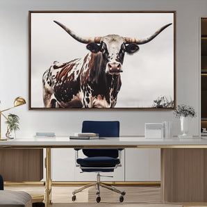 95249234-MGV-CV-36X24-Texas Longhorn Wall Art Canvas Print, Framed Spotted Bull Art Picture Print, Horned Cattle Perfect Rustic Farmhouse Decor Artwork
