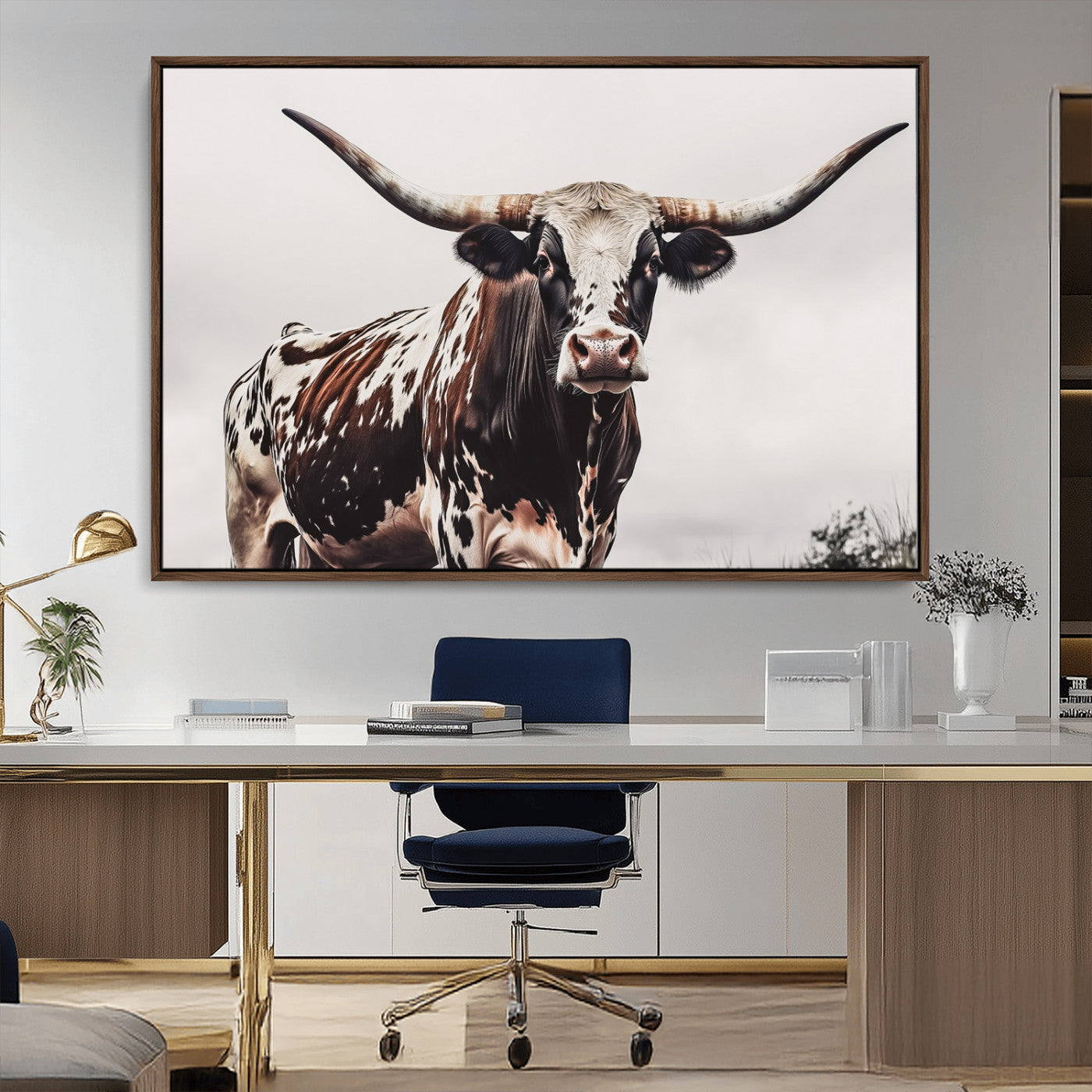 95249234-MGV-CV-36X24-Texas Longhorn Wall Art Canvas Print, Framed Spotted Bull Art Picture Print, Horned Cattle Perfect Rustic Farmhouse Decor Artwork