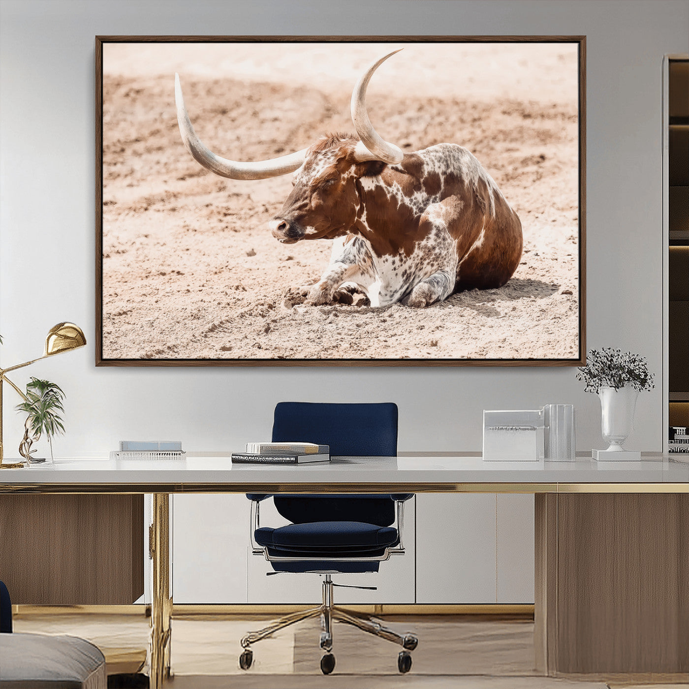 91248682-MGV-CV-36X24-Texas Longhorn Wall Art Canvas Print, Framed Resting Bull Art Picture Print, Spotted Cattle Perfect Rustic Western Decor Artwork