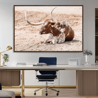 91248682-MGV-CV-36X24-Texas Longhorn Wall Art Canvas Print, Framed Resting Bull Art Picture Print, Spotted Cattle Perfect Rustic Western Decor Artwork