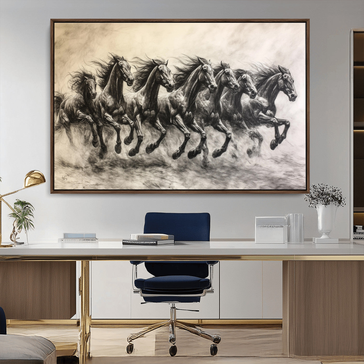 56089591-MGV-CV-36X24-Galloping Horses Wall Art Canvas Print, Framed Wild Stallions Art Picture Print, Horse Herd Sketch Perfect Monochrome Dynamic