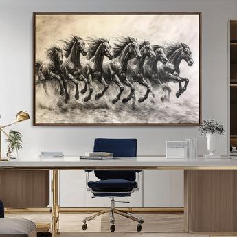 56089591-MGV-CV-36X24-Galloping Horses Wall Art Canvas Print, Framed Wild Stallions Art Picture Print, Horse Herd Sketch Perfect Monochrome Dynamic