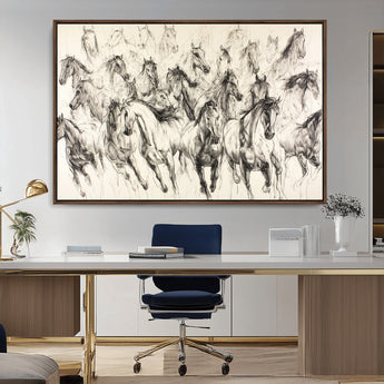 19433417-MGV-CV-36X24-Running Horses Wall Art Canvas Print, Framed Horse Sketch Art Picture Print, Galloping Herd Perfect Monochrome Western Decor