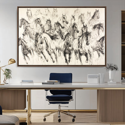 19433417-MGV-CV-36X24-Running Horses Wall Art Canvas Print, Framed Horse Sketch Art Picture Print, Galloping Herd Perfect Monochrome Western Decor
