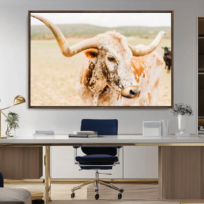 21060648-MGV-CV-36X24-Texas Longhorn Wall Art Canvas Print, Framed Speckled Cow Art Picture Print, Rustic Bull Perfect Rustic Western Decor Artwork