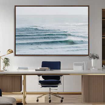 73969318-MGV-CV-36X24-Ocean Waves Wall Art Canvas Print, Framed Surfer Lineup Art Picture Print, Crowded Ocean Perfect Minimal Coastal Decor Artwork
