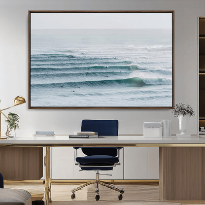 73969318-MGV-CV-36X24-Ocean Waves Wall Art Canvas Print, Framed Surfer Lineup Art Picture Print, Crowded Ocean Perfect Minimal Coastal Decor Artwork