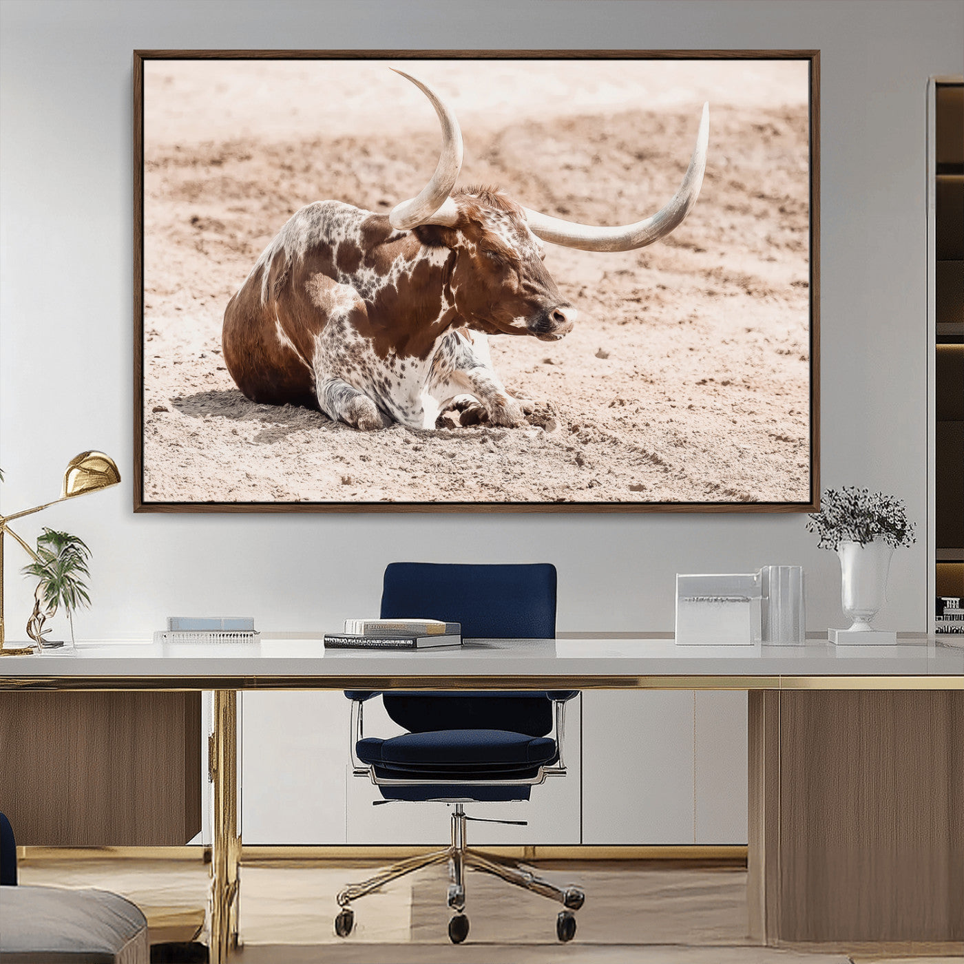 25407592-MGV-CV-36X24-Texas Longhorn Wall Art Canvas Print, Framed Resting Bull Art Picture Print, Spotted Cattle Perfect Rustic Western Decor Artwork