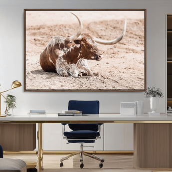 25407592-MGV-CV-36X24-Texas Longhorn Wall Art Canvas Print, Framed Resting Bull Art Picture Print, Spotted Cattle Perfect Rustic Western Decor Artwork