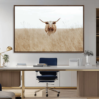 20927060-MGV-CV-36X24-Texas Longhorn Wall Art Canvas Print, Framed Lone Cattle Art Picture Print, Longhorn Bull Perfect Rustic Western Decor Artwork
