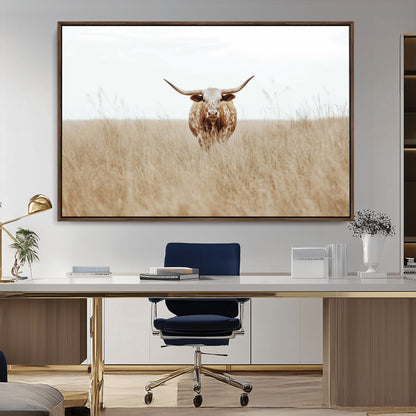 20927060-MGV-CV-36X24-Texas Longhorn Wall Art Canvas Print, Framed Lone Cattle Art Picture Print, Longhorn Bull Perfect Rustic Western Decor Artwork