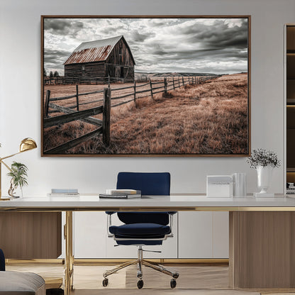 73898372-MGV-CV-36X24-Rustic Barn Wall Art Canvas Print, Framed Moody Field Art Picture Print, Weathered Fence Perfect Moody Farmhouse Decor Artwork
