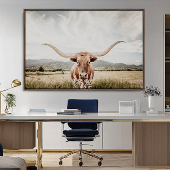 80054319-MGV-CV-36X24-Longhorn Wall Art – Rustic Western Canvas Print, Majestic Bull Artwork for Farmhouse, Ranch or Living Room
