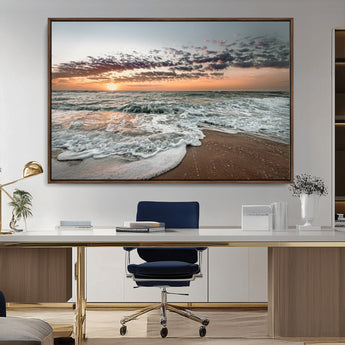 40632752-MGV-CV-36X24-Ocean Sunset Wall Art Canvas Print, Framed Beach Waves Art Picture Print, Coastal Scene Perfect Coastal Decor Artwork