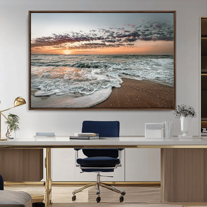 40632752-MGV-CV-36X24-Ocean Sunset Wall Art Canvas Print, Framed Beach Waves Art Picture Print, Coastal Scene Perfect Coastal Decor Artwork