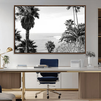 89458520-MGV-CV-36X24-Palm Trees Wall Art Canvas Print, Framed Coastal View Art Picture Print, Ocean Horizon Perfect Monochrome Coast Decor Artwork