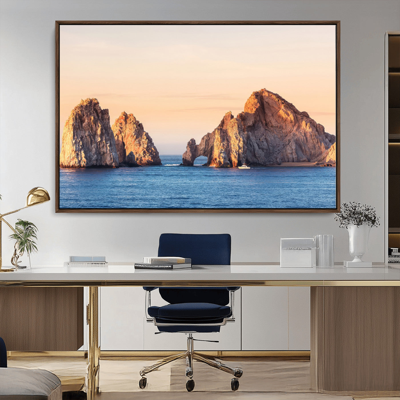 72996116-MGV-CV-36X24-El Arco Wall Art Canvas Print, Framed Cabo Rocks Art Picture Print, Ocean Arch Perfect Golden Coastal Landmark Decor Artwork