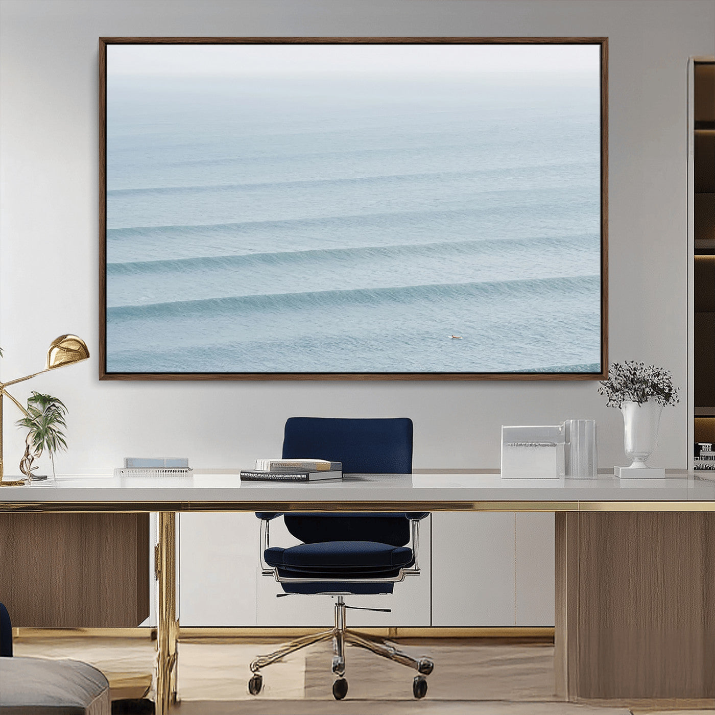47814787-MGV-CV-36X24-Ocean Waves Wall Art Canvas Print, Framed Solo Surfer Art Picture Print, Wave Lines Perfect Minimalist Ocean Decor Artwork