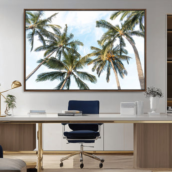 87247012-MGV-CV-36X24-Skyward Palm Trees Wall Art Canvas Print, Framed Tropical Sky Art Picture Print, Coconut Palm Perfect Tropical Skyview Decor