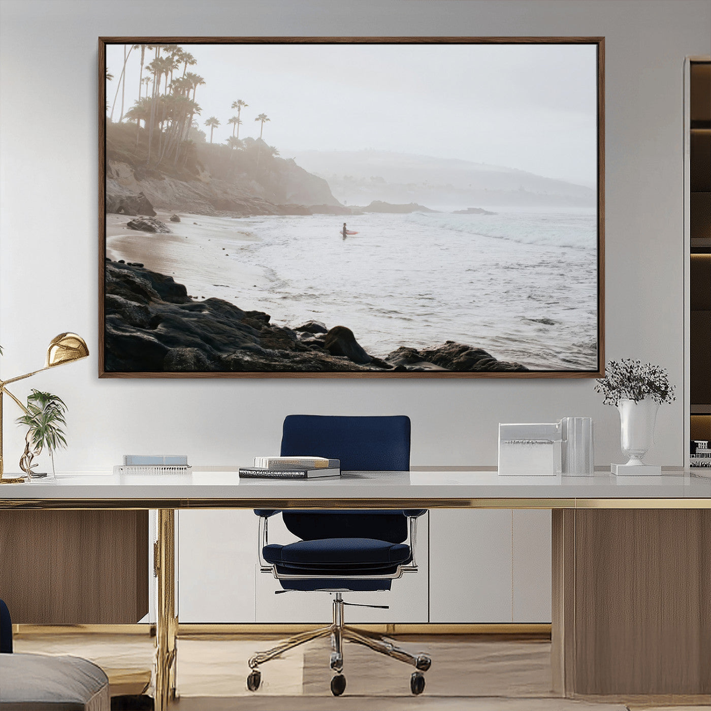 62501405-MGV-CV-36X24-Misty Beach Wall Art Canvas Print, Framed California Surfer Art Picture Print, Coastal Cliff Perfect Coastal Beach Decor Artwork
