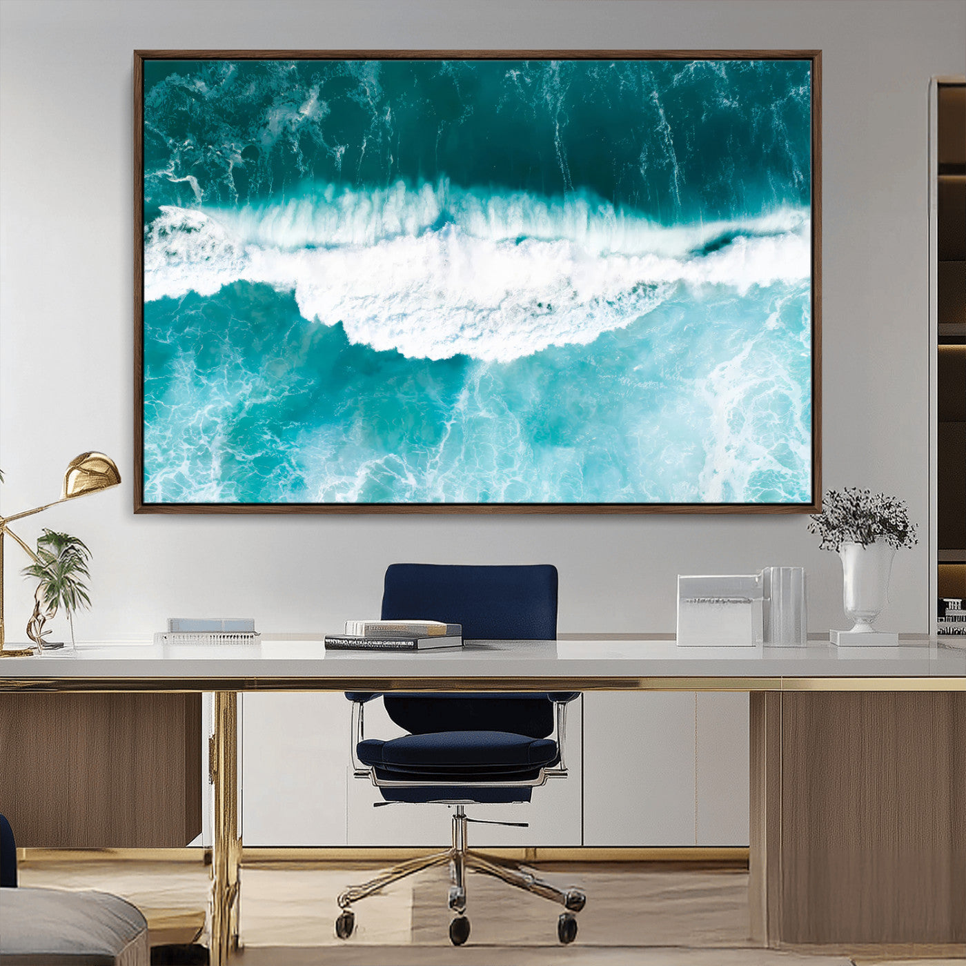 23828594-MGV-CV-36X24-Aerial Waves Wall Art Canvas Print, Framed Ocean Break Art Picture Print, Sea Foam Perfect Tropical Coastal Decor Artwork